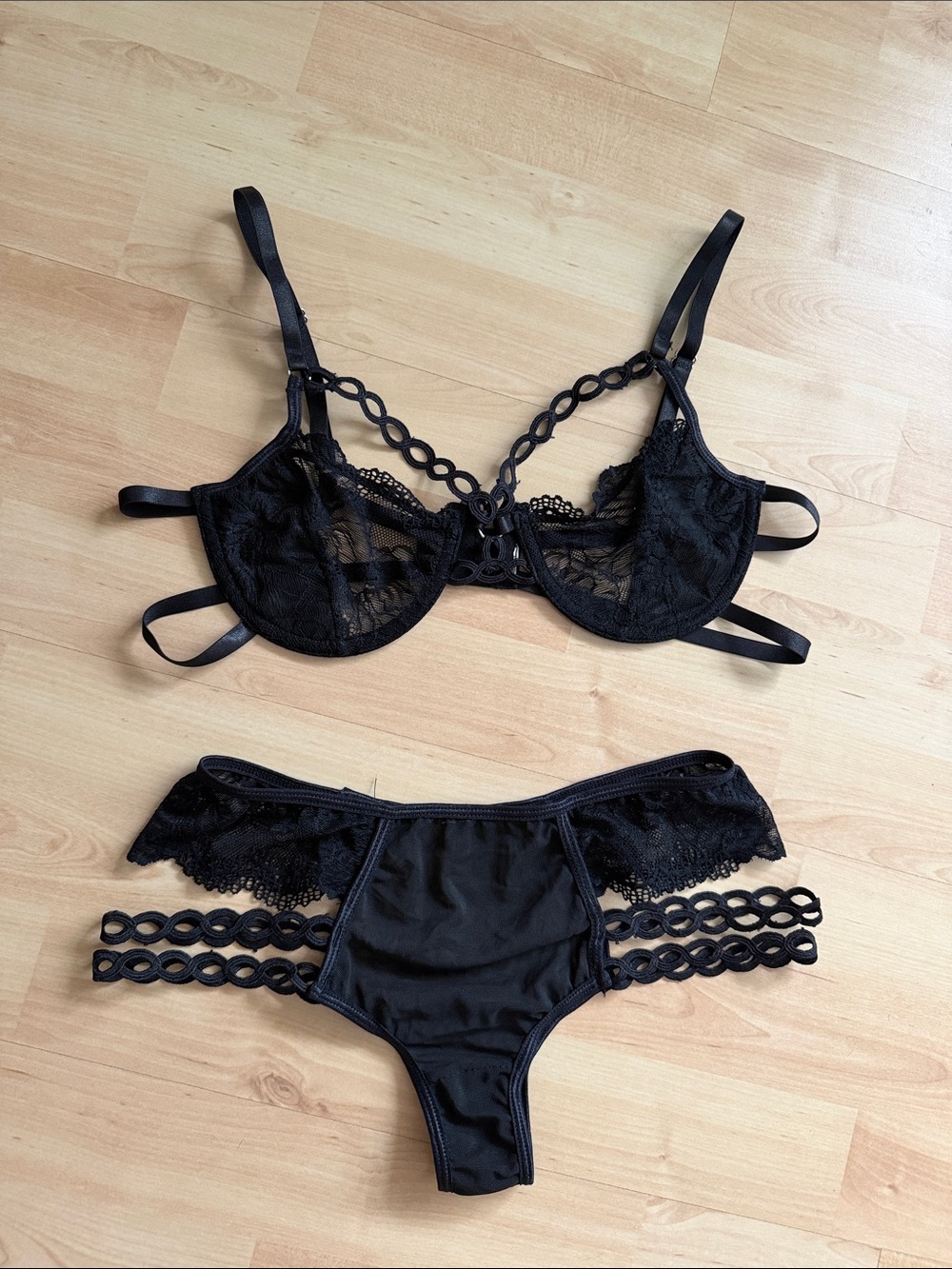 Black Mesh Lace Strappy Bra & Panty Set